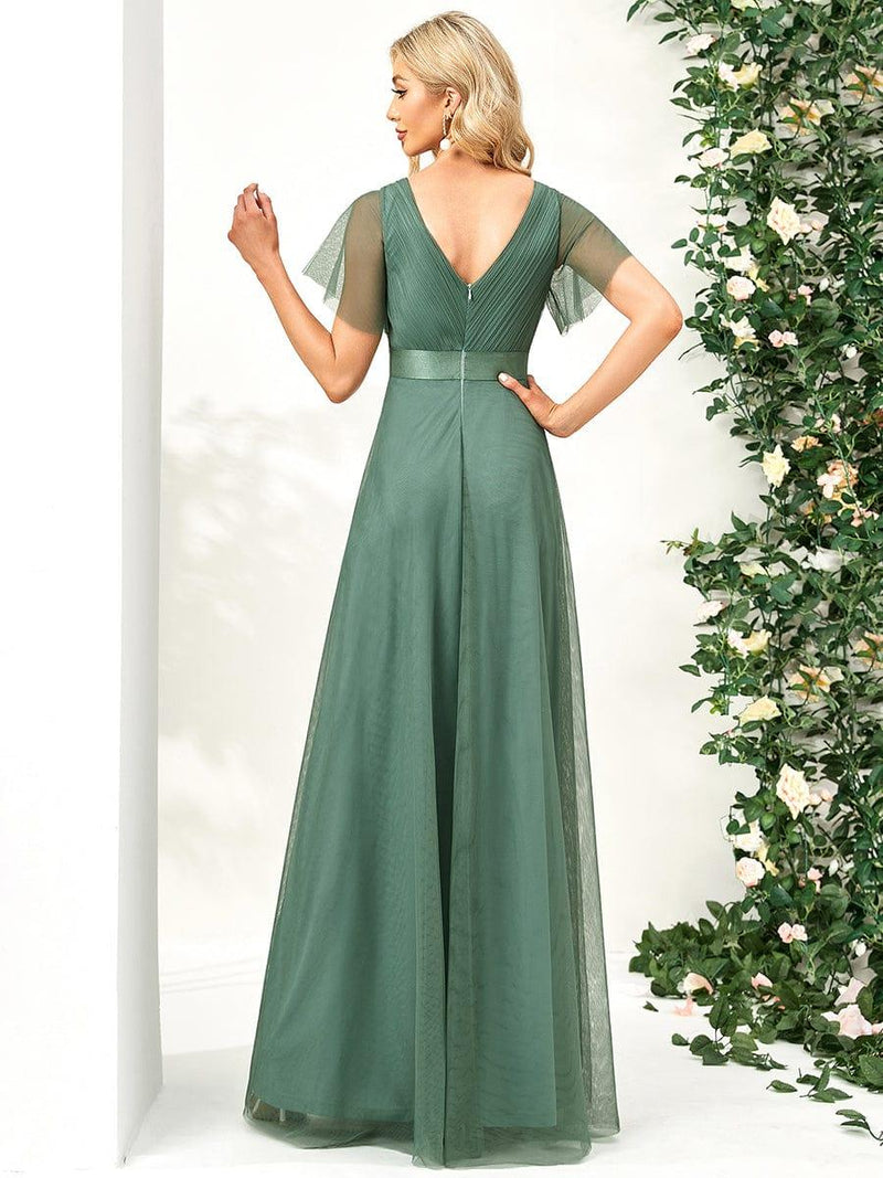ever MISTE|Double V-Neck Floor-Length Short Sleeve Tulle Bridesmaid Dresses
