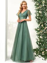 ever MISTE|Double V-Neck Floor-Length Short Sleeve Tulle Bridesmaid Dresses