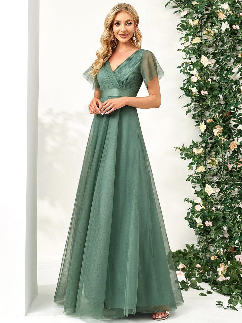 ever MISTE|Double V-Neck Floor-Length Short Sleeve Tulle Bridesmaid Dresses