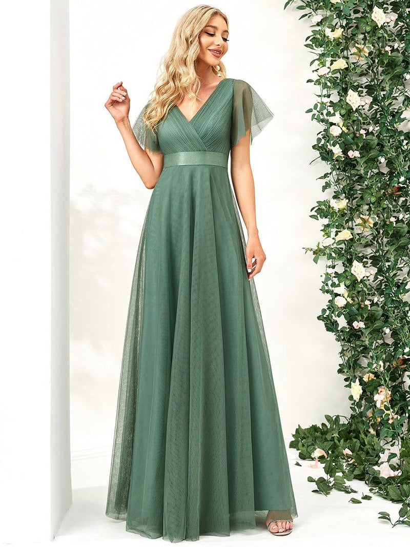ever MISTE|Double V-Neck Floor-Length Short Sleeve Tulle Bridesmaid Dresses
