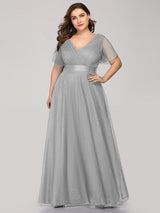 ever MISTE|Double V-Neck Floor-Length Short Sleeve Tulle Bridesmaid Dresses