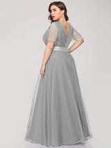 ever MISTE|Double V-Neck Floor-Length Short Sleeve Tulle Bridesmaid Dresses