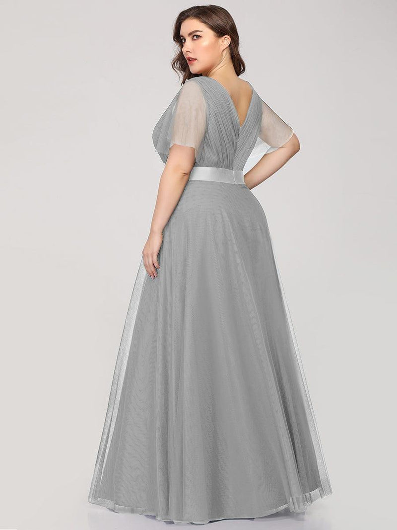 ever MISTE|Double V-Neck Floor-Length Short Sleeve Tulle Bridesmaid Dresses