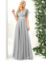 ever MISTE|Double V-Neck Floor-Length Short Sleeve Tulle Bridesmaid Dresses