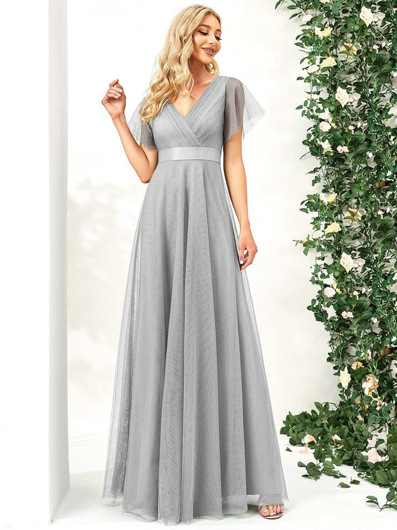 ever MISTE|Double V-Neck Floor-Length Short Sleeve Tulle Bridesmaid Dresses