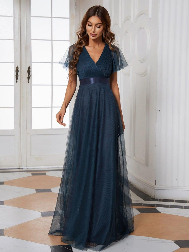 ever MISTE|Double V-Neck Floor-Length Short Sleeve Tulle Bridesmaid Dresses