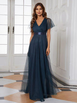 ever MISTE|Double V-Neck Floor-Length Short Sleeve Tulle Bridesmaid Dresses