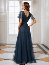 ever MISTE|Double V-Neck Floor-Length Short Sleeve Tulle Bridesmaid Dresses