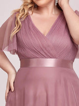 ever MISTE|Double V-Neck Floor-Length Short Sleeve Tulle Bridesmaid Dresses