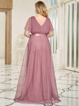 pretty MISTE|Women's Floor-Length Plus Size Formal Bridesmaid Dress with Short Sleeve