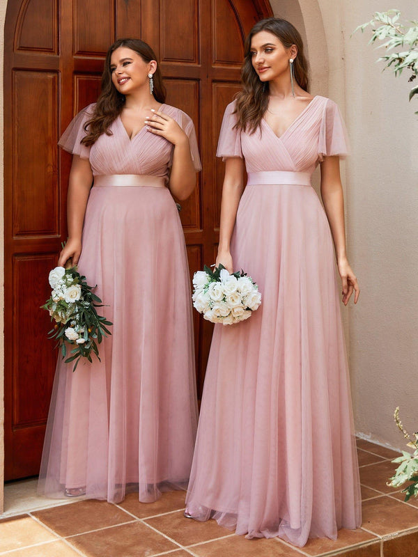 ever MISTE|Double V-Neck Floor-Length Short Sleeve Tulle Bridesmaid Dresses