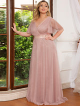 pretty MISTE|Women's Floor-Length Plus Size Formal Bridesmaid Dress with Short Sleeve