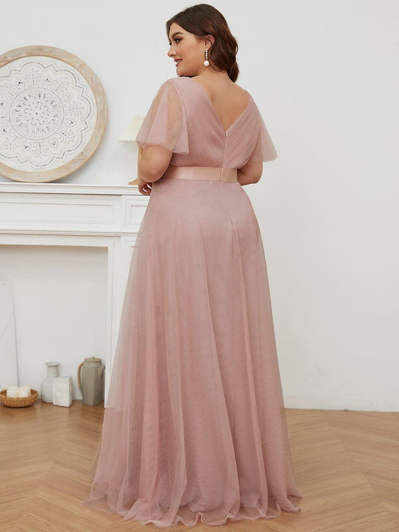 ever MISTE|Double V-Neck Floor-Length Short Sleeve Tulle Bridesmaid Dresses