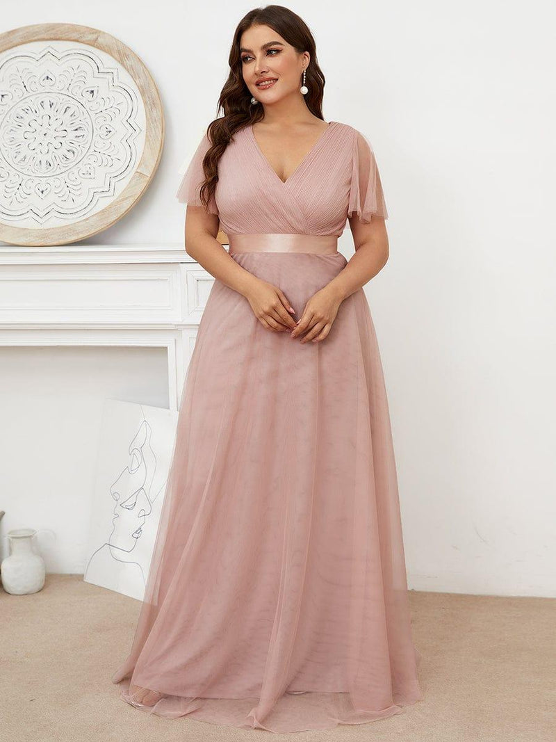 ever MISTE|Double V-Neck Floor-Length Short Sleeve Tulle Bridesmaid Dresses
