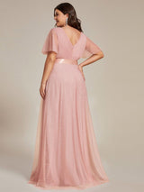 ever MISTE|Double V-Neck Floor-Length Short Sleeve Tulle Bridesmaid Dresses