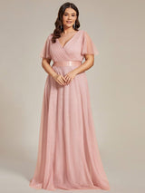 ever MISTE|Double V-Neck Floor-Length Short Sleeve Tulle Bridesmaid Dresses