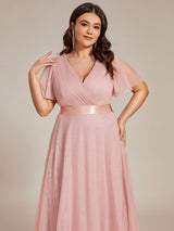 ever MISTE|Double V-Neck Floor-Length Short Sleeve Tulle Bridesmaid Dresses