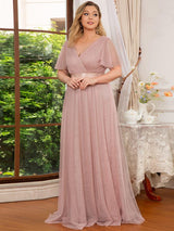 pretty MISTE|Women's Floor-Length Plus Size Formal Bridesmaid Dress with Short Sleeve