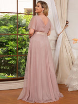 pretty MISTE|Women's Floor-Length Plus Size Formal Bridesmaid Dress with Short Sleeve