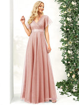 ever MISTE|Double V-Neck Floor-Length Short Sleeve Tulle Bridesmaid Dresses