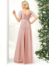 ever MISTE|Double V-Neck Floor-Length Short Sleeve Tulle Bridesmaid Dresses