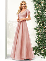 ever MISTE|Double V-Neck Floor-Length Short Sleeve Tulle Bridesmaid Dresses