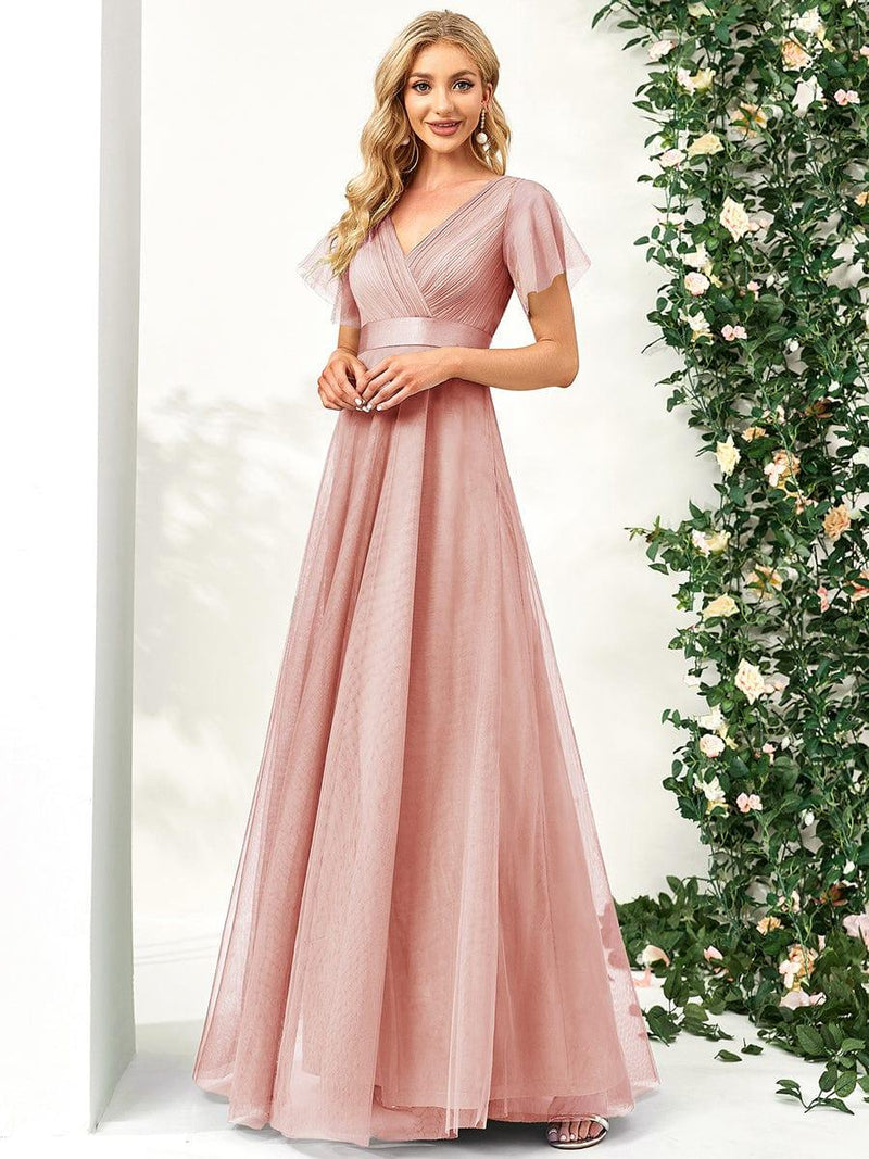 ever MISTE|Double V-Neck Floor-Length Short Sleeve Tulle Bridesmaid Dresses