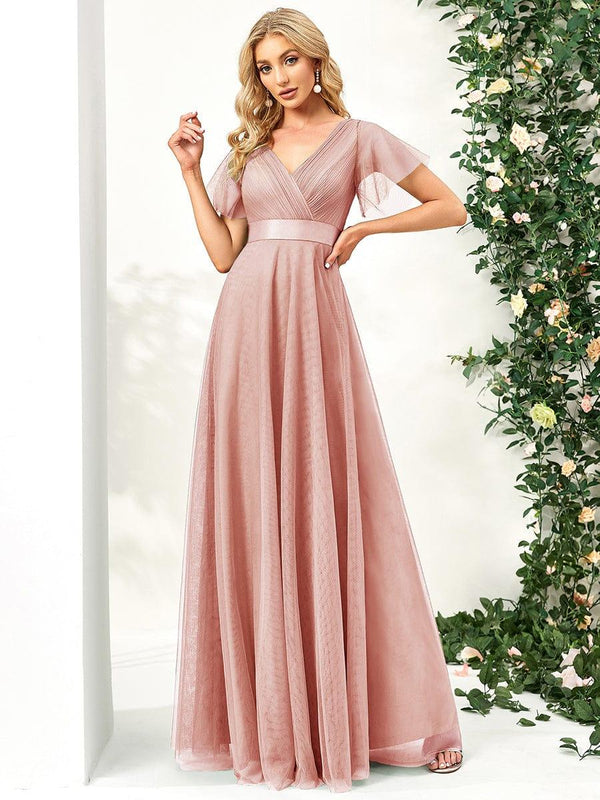 ever MISTE|Double V-Neck Floor-Length Short Sleeve Tulle Bridesmaid Dresses