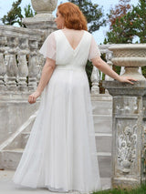 ever MISTE|Double V-Neck Floor-Length Short Sleeve Tulle Bridesmaid Dresses