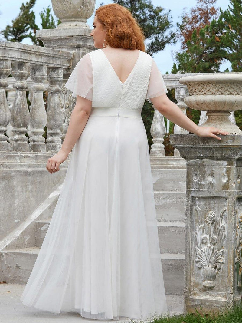 ever MISTE|Double V-Neck Floor-Length Short Sleeve Tulle Bridesmaid Dresses