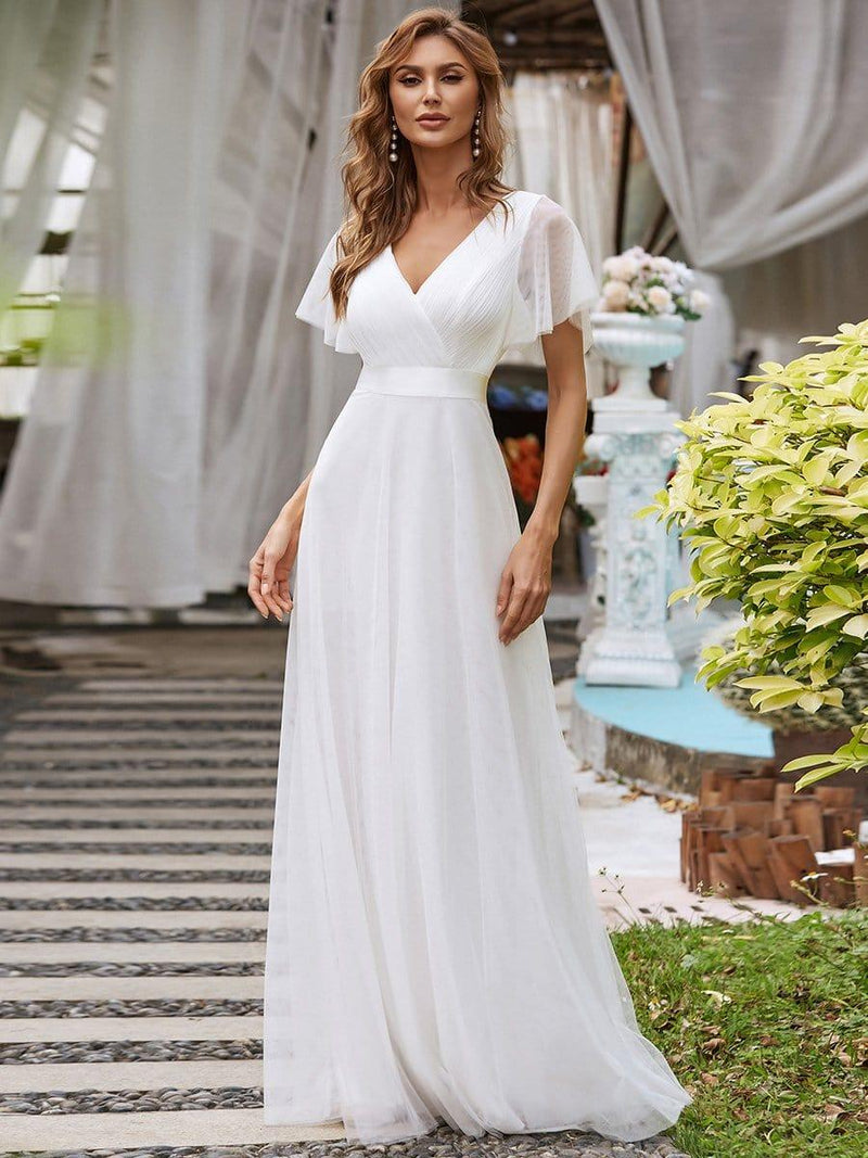 ever MISTE|Double V-Neck Floor-Length Short Sleeve Tulle Bridesmaid Dresses