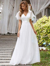 ever MISTE|Double V-Neck Floor-Length Short Sleeve Tulle Bridesmaid Dresses