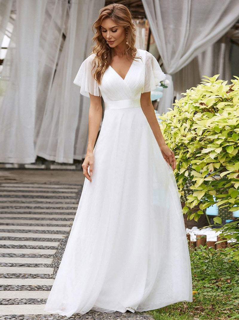 ever MISTE|Double V-Neck Floor-Length Short Sleeve Tulle Bridesmaid Dresses