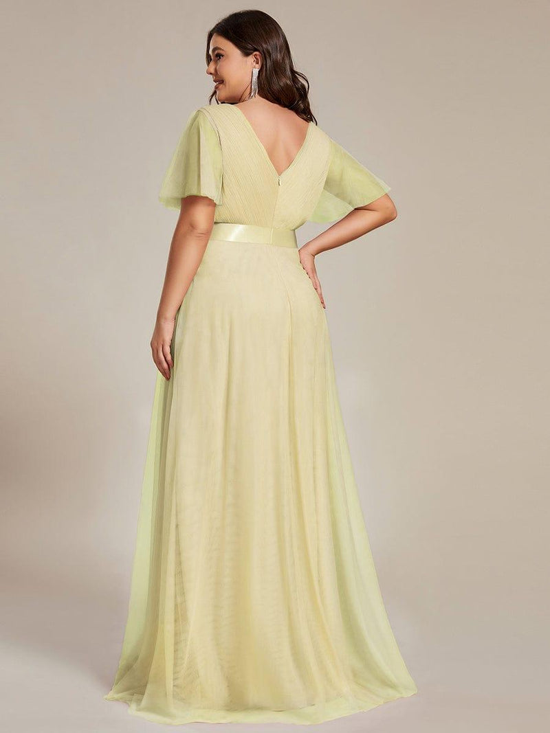 ever MISTE|Double V-Neck Floor-Length Short Sleeve Tulle Bridesmaid Dresses