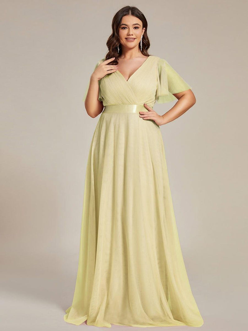 ever MISTE|Double V-Neck Floor-Length Short Sleeve Tulle Bridesmaid Dresses
