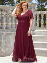 pretty MONICA|Plus Size Empire Waist V Back Bridesmaid Dress with Short Sleeves