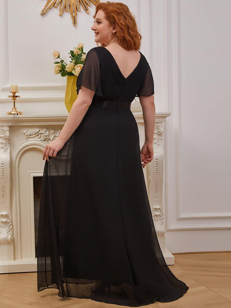 pretty MONICA|Plus Size Empire Waist V Back Bridesmaid Dress with Short Sleeves