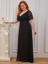 pretty MONICA|Plus Size Empire Waist V Back Bridesmaid Dress with Short Sleeves