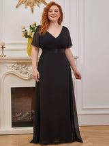 pretty MONICA|Plus Size Empire Waist V Back Bridesmaid Dress with Short Sleeves