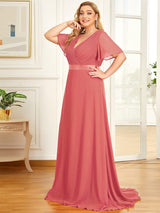 ever MONICA|Long Empire Waist Bridesmaid Dress with Short Flutter Sleeves