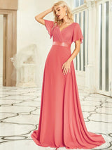 ever MONICA|Long Empire Waist Bridesmaid Dress with Short Flutter Sleeves