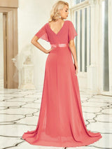 ever MONICA|Long Empire Waist Bridesmaid Dress with Short Flutter Sleeves