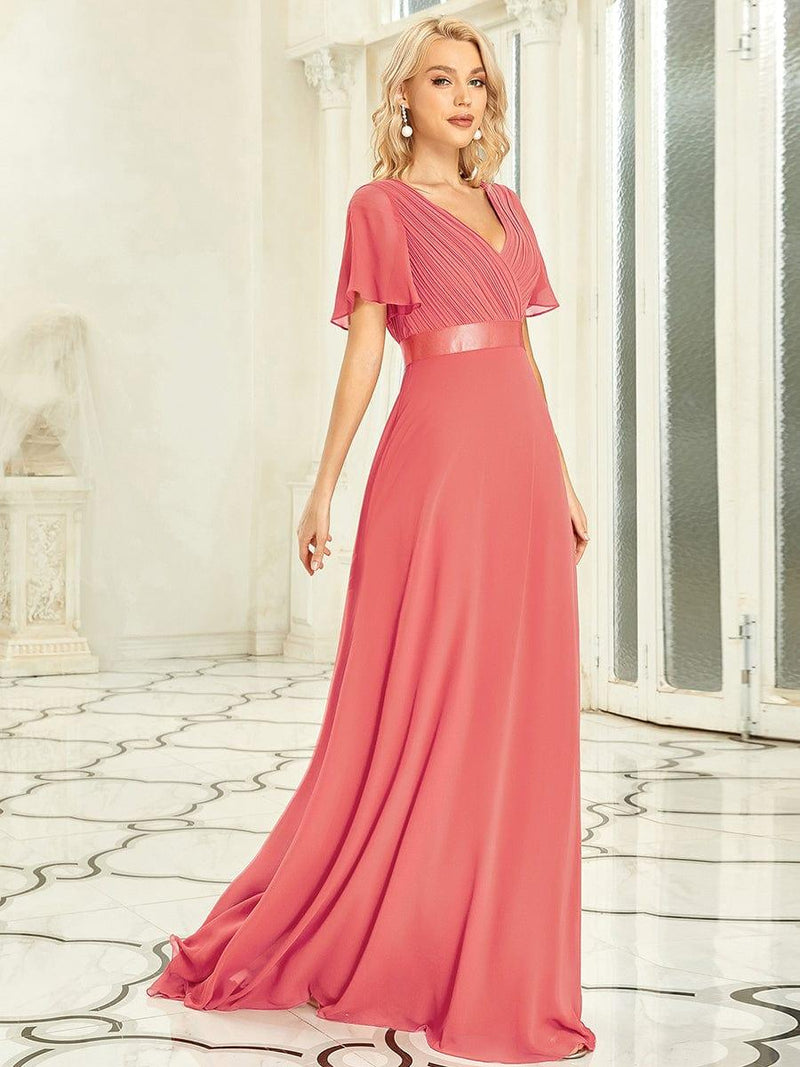 ever MONICA|Long Empire Waist Bridesmaid Dress with Short Flutter Sleeves