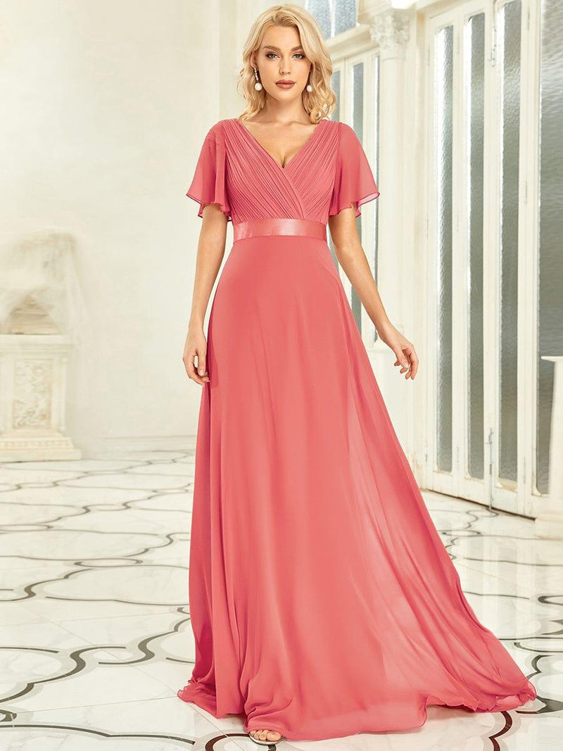 ever MONICA|Long Empire Waist Bridesmaid Dress with Short Flutter Sleeves