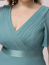 ever MONICA|Long Empire Waist Bridesmaid Dress with Short Flutter Sleeves