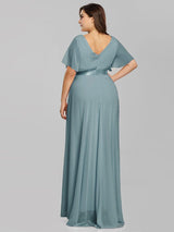 ever MONICA|Long Empire Waist Bridesmaid Dress with Short Flutter Sleeves