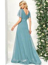 ever MONICA|Long Empire Waist Bridesmaid Dress with Short Flutter Sleeves