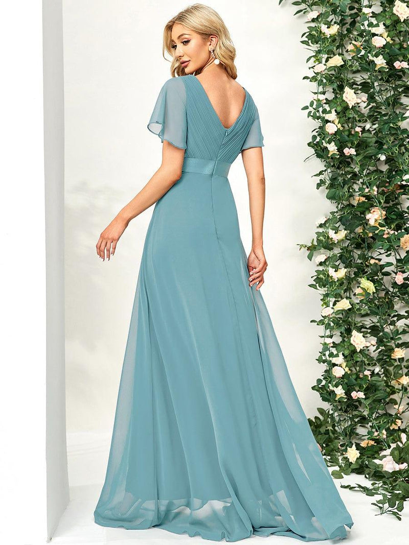 ever MONICA|Long Empire Waist Bridesmaid Dress with Short Flutter Sleeves