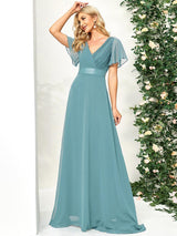 ever MONICA|Long Empire Waist Bridesmaid Dress with Short Flutter Sleeves