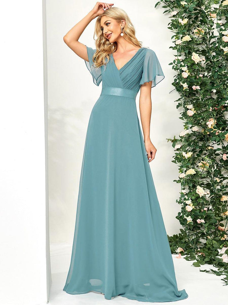 ever MONICA|Long Empire Waist Bridesmaid Dress with Short Flutter Sleeves
